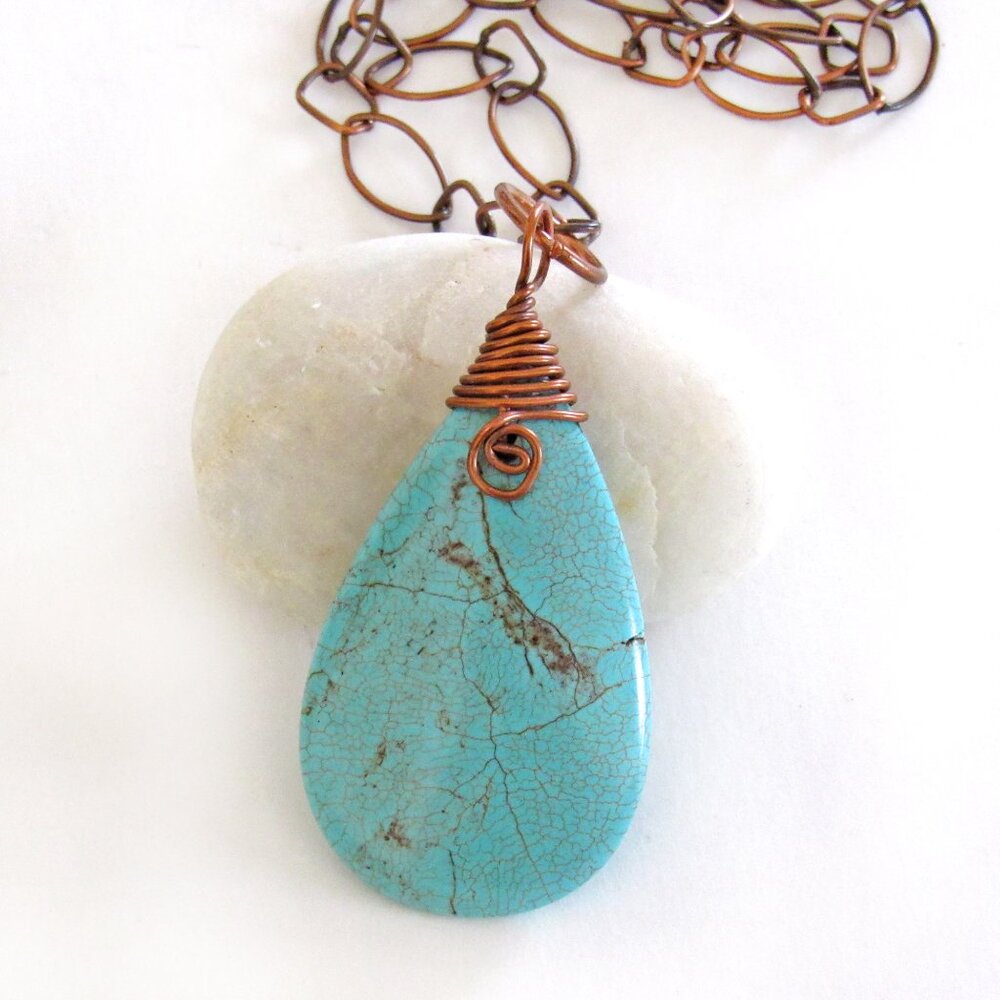Handmade Wire Wrapped Turquoise Magnesite Stone Pendant on Copper Chain Necklace